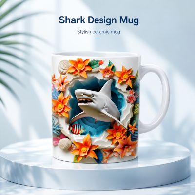 Shark Design Mug – Stylish Ceramic Coffee Mug with 3D Underwater Shark and Floral Print, Microwave & Dishwasher Safe